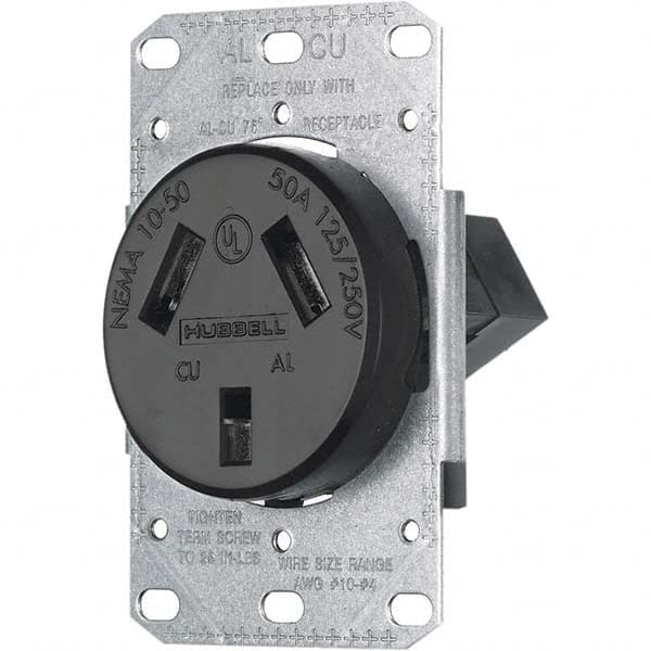 Hubbell Wiring Device-Kellems - 125/250 VAC 50A NEMA 10-50R Residential Grade Black Straight Blade Single Receptacle - Exact Industrial Supply