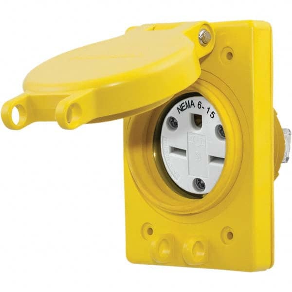 250 VAC 15A NEMA 6-15R Industrial Grade Yellow Straight Blade Single Receptacle 2 Pole, 3 Wire, Grounded, Flush Mount, Raintight