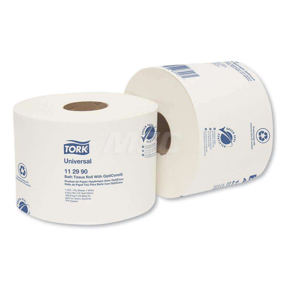 Bathroom Tissue: Standard Roll, Recycled Fiber, 1-Ply, White 4″ Sheet Length, 3.75″ Sheet Width, 1,755 Sheets