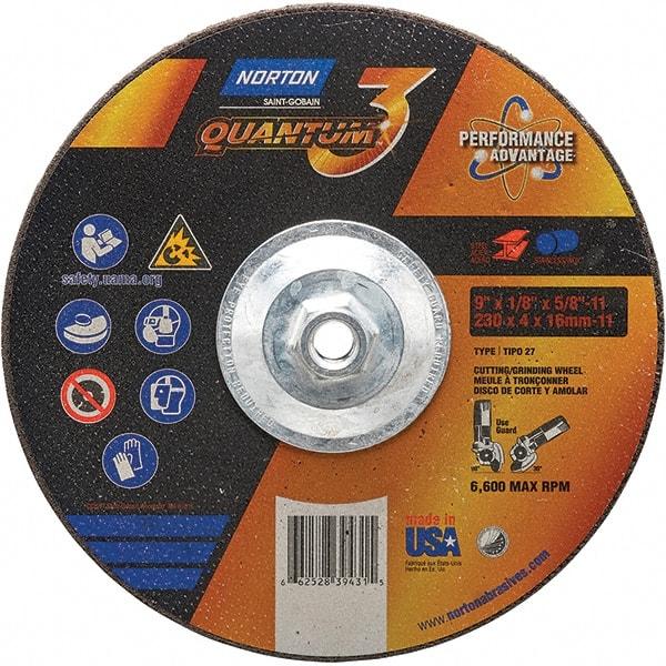 Norton - 24 Grit, 9" Wheel Diam, 1/8" Wheel Thickness, 5/8" Arbor Hole, Type 27 Depressed Center Wheel - Coarse Grade, Ceramic, Resinoid Bond, 6,600 Max RPM - Industrial Tool & Supply
