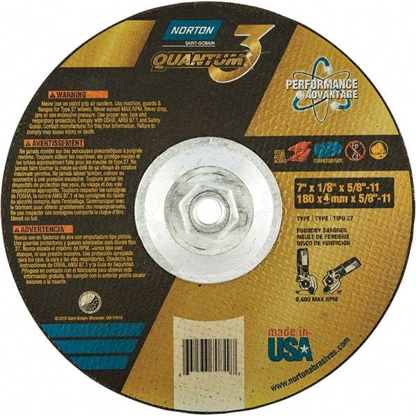 Norton - 24 Grit, 7" Wheel Diam, 1/8" Wheel Thickness, 5/8" Arbor Hole, Type 27 Depressed Center Wheel - Coarse Grade, Ceramic, Resinoid Bond, 8,600 Max RPM - Industrial Tool & Supply
