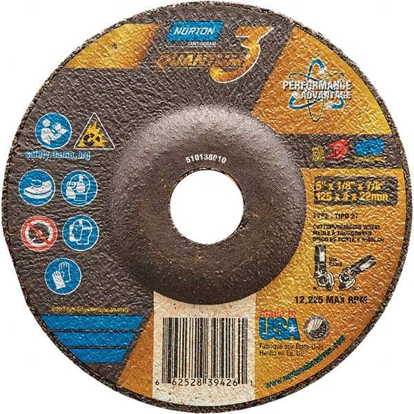 Norton - 24 Grit, 5" Wheel Diam, 1/8" Wheel Thickness, 7/8" Arbor Hole, Type 27 Depressed Center Wheel - Coarse Grade, Ceramic, Resinoid Bond, 12,225 Max RPM - Industrial Tool & Supply