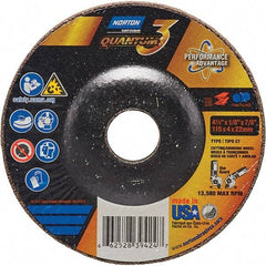 Norton - 24 Grit, 4-1/2" Wheel Diam, 1/8" Wheel Thickness, 7/8" Arbor Hole, Type 27 Depressed Center Wheel - Coarse Grade, Ceramic, Resinoid Bond, 13,580 Max RPM - Industrial Tool & Supply