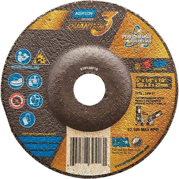 Norton - 24 Grit, 6" Wheel Diam, 1/8" Wheel Thickness, 7/8" Arbor Hole, Type 27 Depressed Center Wheel - Coarse Grade, Ceramic, Resinoid Bond, 10,185 Max RPM - Industrial Tool & Supply