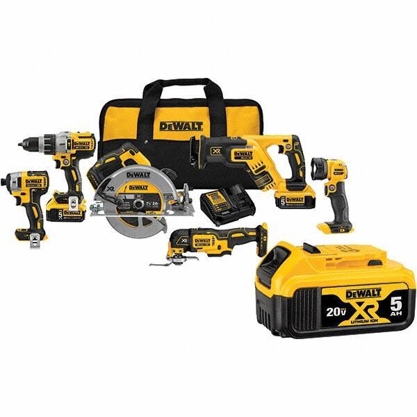 DeWALT - 20 Volt Cordless Tool Combination Kit - Includes 1/2" Brushless Hammerdrill, 1/4" Brushless Impact Driver, Brushless Reciprocating Saw, 7-1/2" Brushless Circular Saw, Oscillating Tool & LED Worklight, Lithium-Ion Battery Included - Industrial Tool & Supply