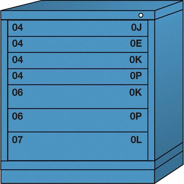 Lyon - 7 Drawer, Standard Bench Height - Single Drawer Access Cabinet - Steel, 30" Wide x 28-1/4" Deep x 33-1/4" High, Wedgewood Blue - Industrial Tool & Supply
