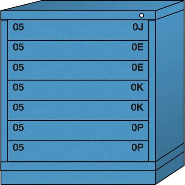 Lyon - 7 Drawer, Standard Bench Height - Single Drawer Access Cabinet - Steel, 30" Wide x 28-1/4" Deep x 33-1/4" High, Wedgewood Blue - Industrial Tool & Supply