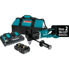 Makita - 36 Volt 1/2" Chuck Right Angle Handle Cordless Drill - 0-1400 RPM, Reversible, 2 Lithium-Ion Batteries Included - Industrial Tool & Supply