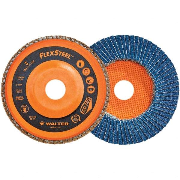 WALTER Surface Technologies - 80 Grit, 7" Disc Diam, 7/8" Center Hole, Type 27 Zirconia Alumina Flap Disc - 8,600 Max RPM, Poly Cotton Backing, Threaded Hole Attaching System, Coated - Industrial Tool & Supply