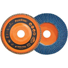 WALTER Surface Technologies - 80 Grit, 6" Disc Diam, 7/8" Center Hole, Type 27 Zirconia Alumina Flap Disc - 10,200 Max RPM, Poly Cotton Backing, Threaded Hole Attaching System, Coated - Industrial Tool & Supply