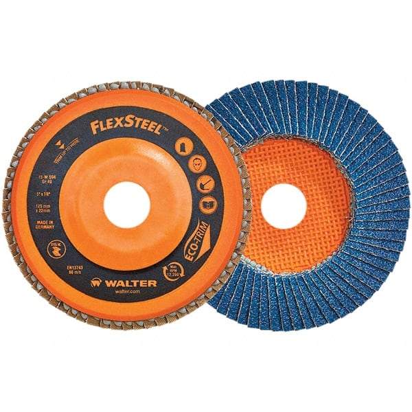 WALTER Surface Technologies - 60 Grit, 6" Disc Diam, 7/8" Center Hole, Type 27 Zirconia Alumina Flap Disc - 10,200 Max RPM, Poly Cotton Backing, Threaded Hole Attaching System, Coated - Industrial Tool & Supply