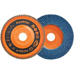 WALTER Surface Technologies - 60 Grit, 7" Disc Diam, 7/8" Center Hole, Type 27 Zirconia Alumina Flap Disc - 8,600 Max RPM, Poly Cotton Backing, Threaded Hole Attaching System, Coated - Industrial Tool & Supply