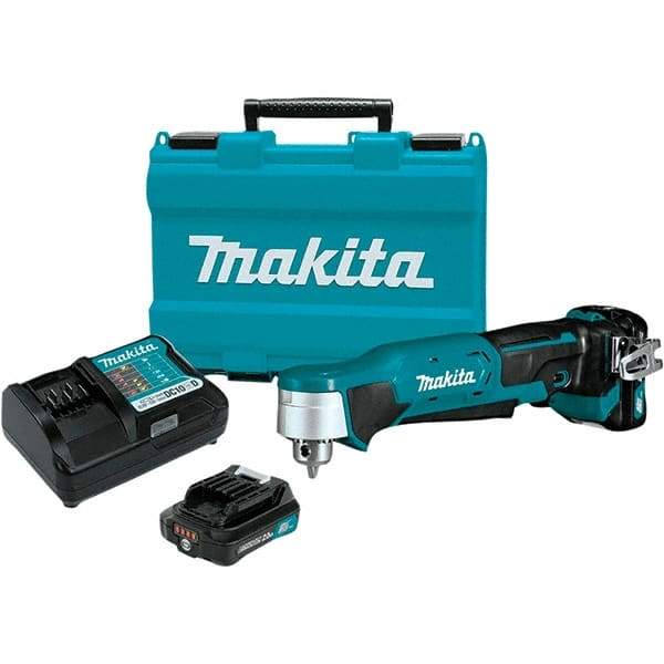 Makita - 12 Volt 3/8" Chuck Right Angle Handle Cordless Drill - 0-1100 RPM, Keyless Chuck, Reversible, 2 Lithium-Ion Batteries Included - Industrial Tool & Supply