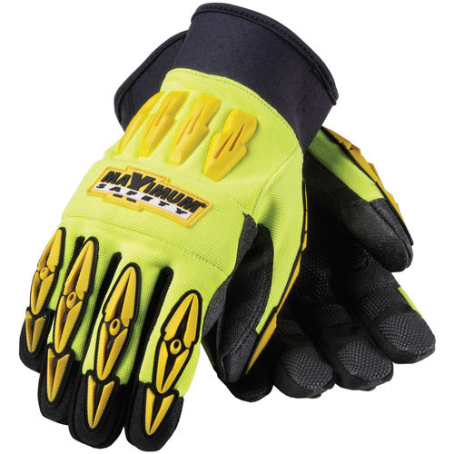 ‎120-4000/L All Purp Work Gloves - Mad Max - HV Yellow - Black Reinforced Synthetic Leather Palm - Exact Industrial Supply