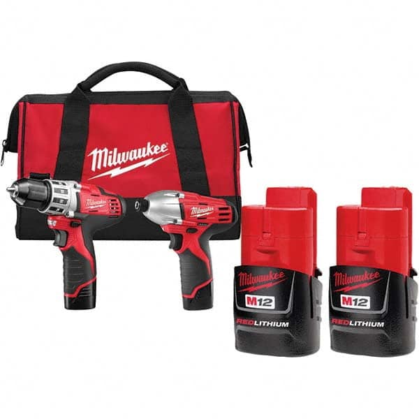 Cordless Tool Combination Kit: 12V 1/4″Impact Driver, 12V Lithium-Ion Battery, 3/8″Drill Driver, 30-Minute Charger, Contractor Bag, M12 12V Red Li-Ion Milwaukee Battery 2Pk