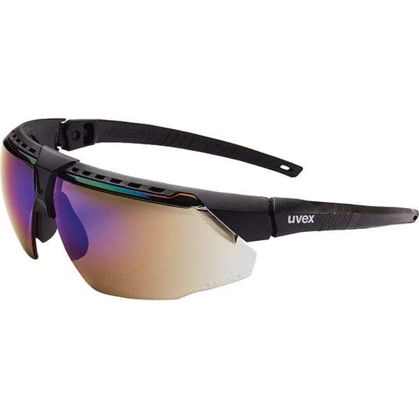 Uvex - Blue Mirror Lenses, Framed Safety Glasses - Scratch Resistant, Black Frame, Adjustable Temples, Size Universal, Wrap Around - Industrial Tool & Supply