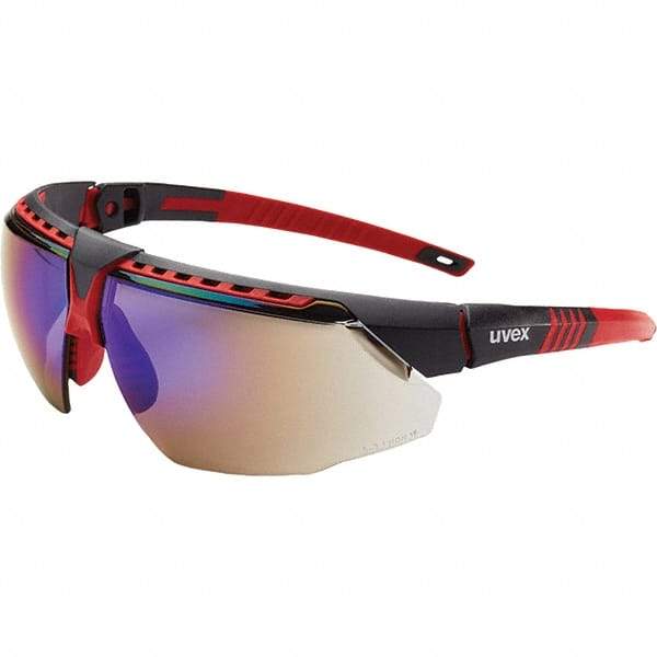 Uvex - Blue Mirror Lenses, Framed Safety Glasses - Scratch Resistant, Red Frame, Adjustable Temples, Size Universal, Wrap Around - Industrial Tool & Supply