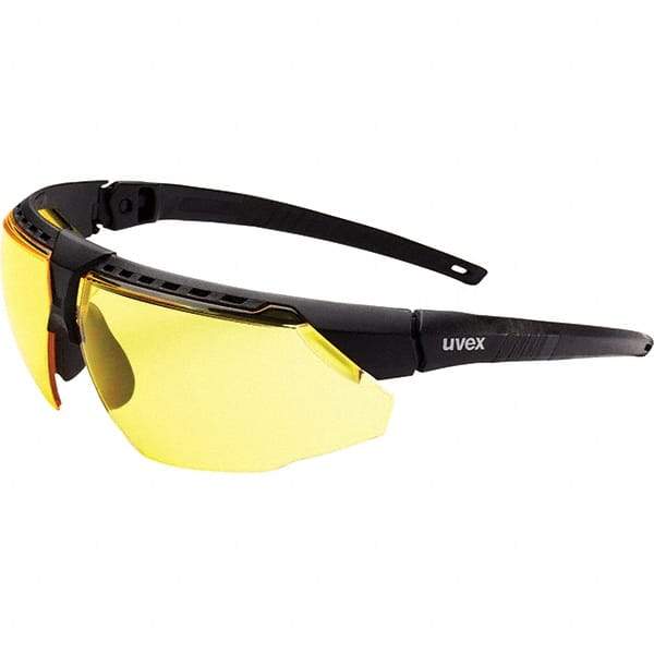 Uvex - Amber Lenses, Framed Safety Glasses - Anti-Fog, Black Frame, Adjustable Temples, Size Universal, Wrap Around - Industrial Tool & Supply