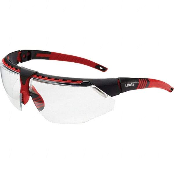 Uvex - Clear Lenses, Framed Safety Glasses - Scratch Resistant, Red Frame, Adjustable Temples, Size Universal, Wrap Around - Industrial Tool & Supply