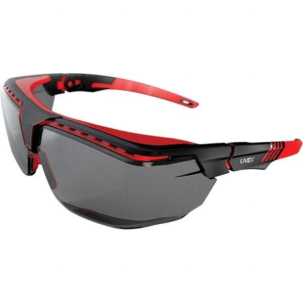 Uvex - Gray Lenses, Framed Safety Glasses - Scratch Resistant, Black/Red Frame, Adjustable Temples, Size Universal, Over the Glasses - Industrial Tool & Supply