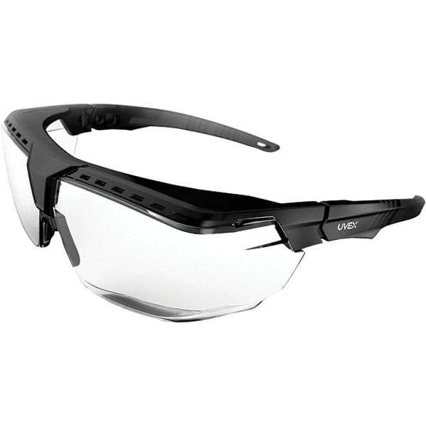 Uvex - Clear Lenses, Framed Safety Glasses - Scratch Resistant, Black Frame, Adjustable Temples, Size Universal, Over the Glasses - Industrial Tool & Supply