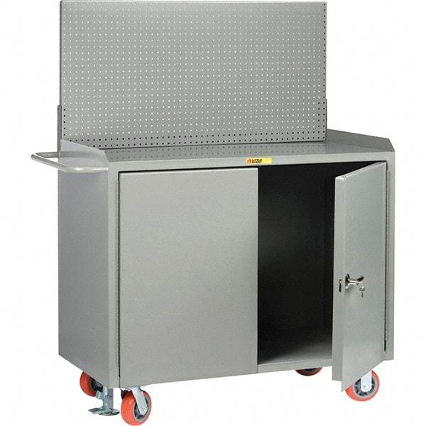 Little Giant - 3,600 Lb Capacity, 2 Shelf, 2 Door Mobile Bench Cabinet with Pegboard Panel - 53" Wide x 24" Deep x 43" High, Steel - Industrial Tool & Supply