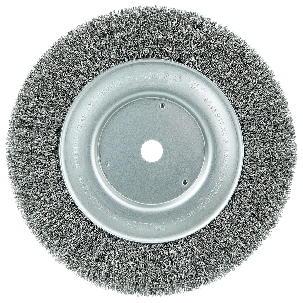 Weiler - Wheel Brushes; Outside Diameter (Inch): 8 ; Arbor Hole Thread Size: 5/8 ; Wire Type: Crimped Wire ; Fill Material: Steel ; Face Width (Inch): 5/8 ; Trim Length (Inch): 1-1/2 - Exact Industrial Supply