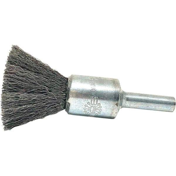 Brush Research Mfg. - 1/2" Brush Diam, Crimped, End Brush - 1/4" Diam Steel Shank, 20,000 Max RPM - Industrial Tool & Supply