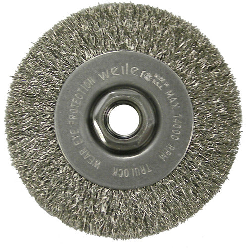 4″ Narrow Face Crimped Wire Wheel, .014″ Stainless Steel Fill, 5/8″-11 UNC Nut - Industrial Tool & Supply
