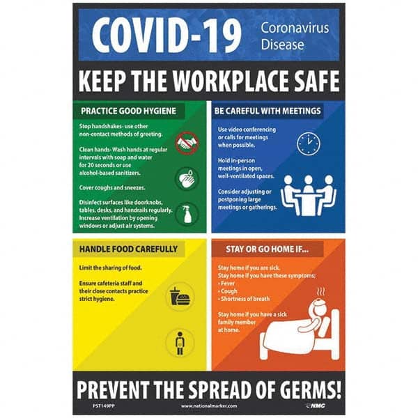 NMC - "COVID 19 - Keep the Workplace Safe", 12" Wide x 18" High, Paper Safety Sign - Industrial Tool & Supply