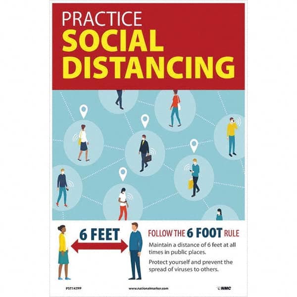 NMC - "COVID 19 - Practice Social Distancing", 12" Wide x 18" High, Paper Safety Sign - Industrial Tool & Supply