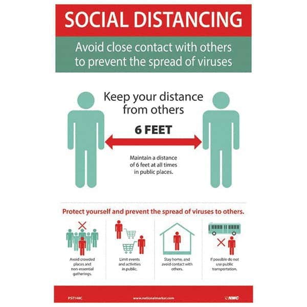 NMC - "COVID 19 - Social Distancing - Avoid Close Contact with Others to Prevent the Spread of Viruses", 12" Wide x 18" High, Vinyl Safety Sign - Industrial Tool & Supply