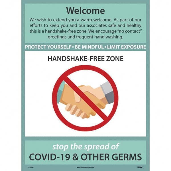 NMC - "COVID 19 - Welcome - Handshake Free Zone", 18" Wide x 24" High, Paper Safety Sign - Industrial Tool & Supply