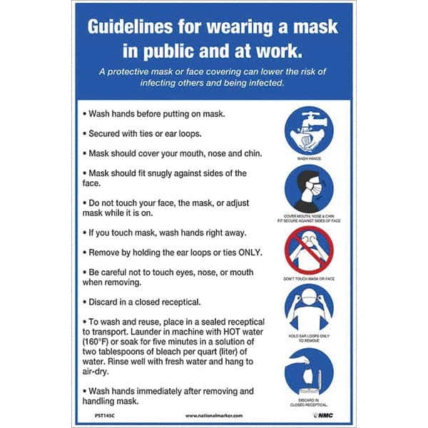 NMC - "COVID 19 - Guidelines for Wearing a Mask in Public and at Work", 12" Wide x 18" High, Vinyl Safety Sign - Industrial Tool & Supply
