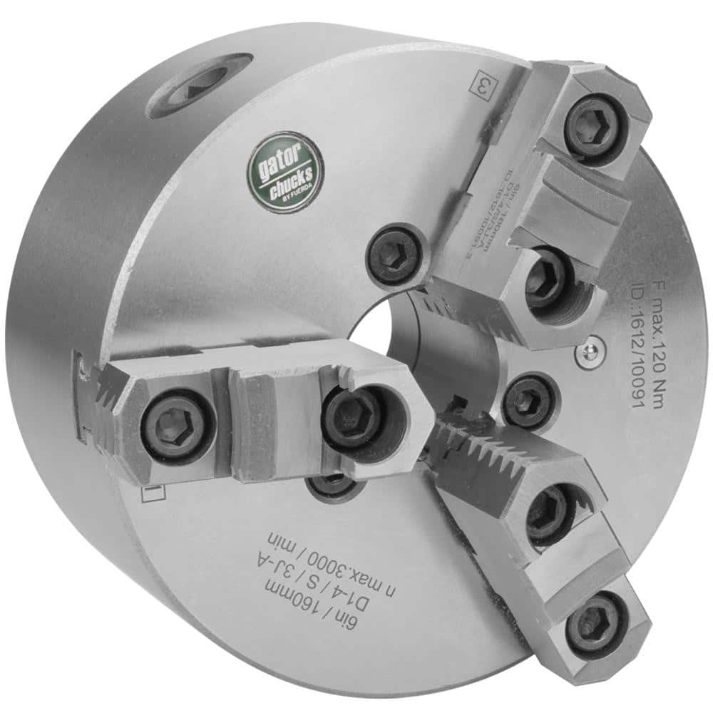 Self-Centering Manual Lathe Chuck: 3-Jaw,  6″ Dia Two-Piece Jaws, Direct & D1-3 Mount, 3,000 Max RPM