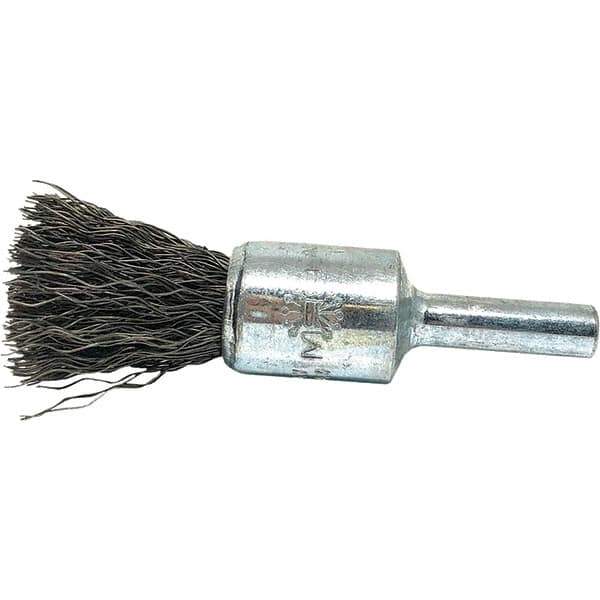 Brush Research Mfg. - 1/2" Brush Diam, Crimped, End Brush - 1/4" Diam Steel Shank, 20,000 Max RPM - Industrial Tool & Supply
