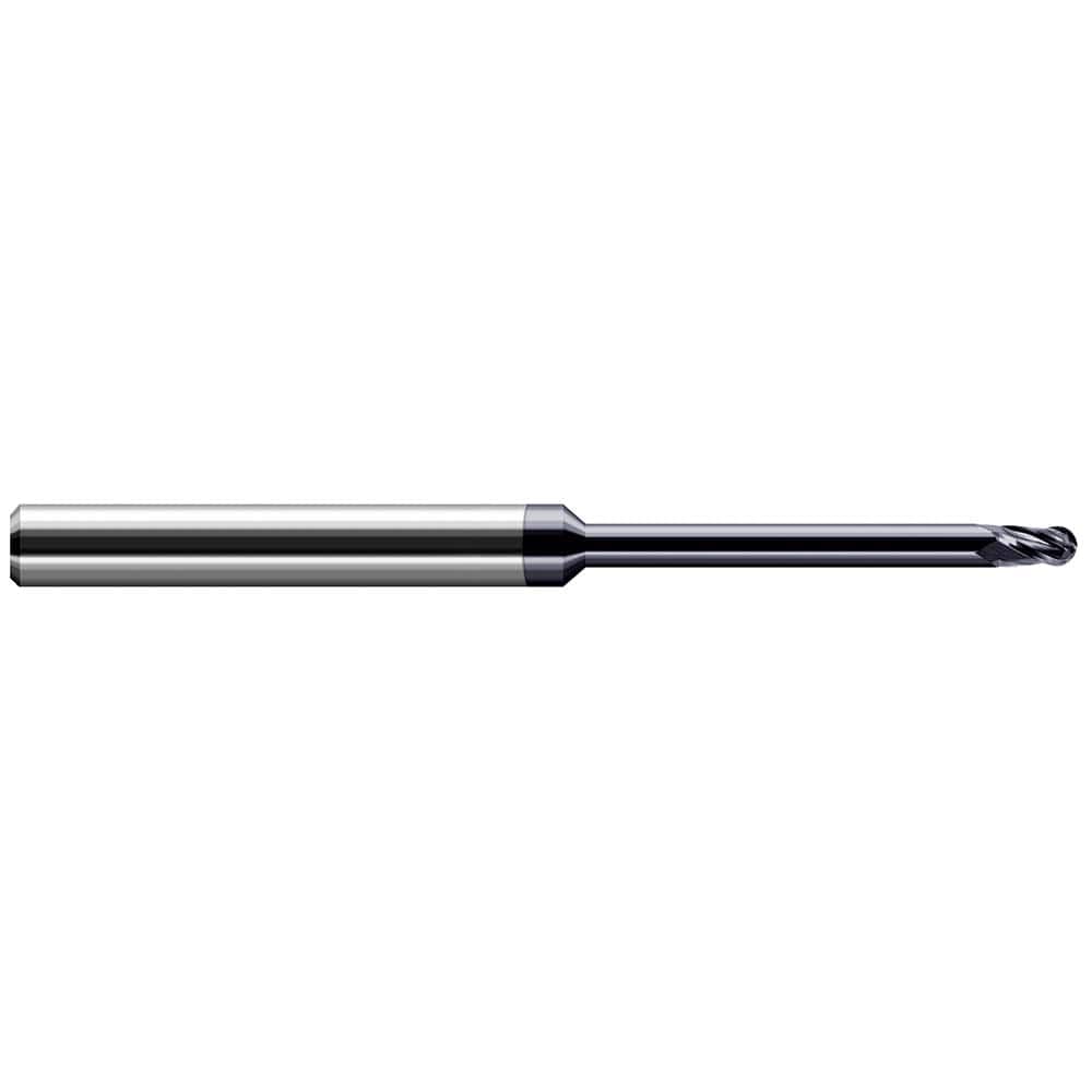 Ball End Mill: 0.015″ Dia, 0.022″ LOC, 4 Flute, Solid Carbide 2-1/2″ OAL, 1/8″ Shank Dia, 34 ° Helix, AlTiN Coated, Single End
