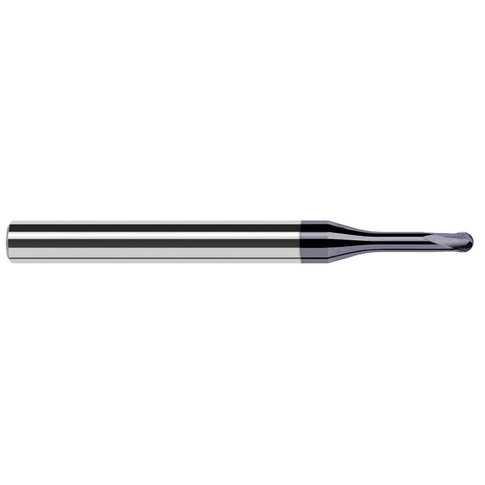 Ball End Mill: 0.1181″ Dia, 0.0945″ LOC, 2 Flute, Solid Carbide 63 mm OAL, 6 mm Shank Dia, 20 ° Helix, AlTiN Coated, Single End