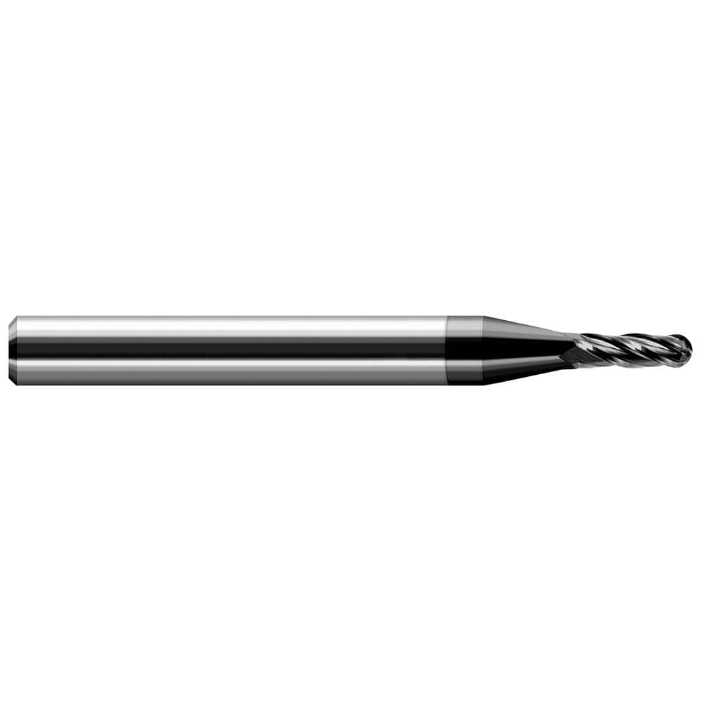Ball End Mill: 0.09″ Dia, 0.27″ LOC, 4 Flute, Solid Carbide 1-1/2″ OAL, 1/8″ Shank Dia, 30 ° Helix, Amorphous Diamond Coated, Single End