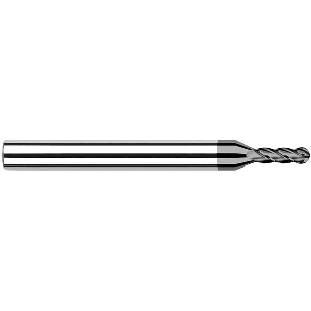 Ball End Mill: 0.015″ Dia, 0.045″ LOC, 4 Flute, Solid Carbide 1-1/2″ OAL, 1/8″ Shank Dia, 30 ° Helix, CVD Coated, Single End