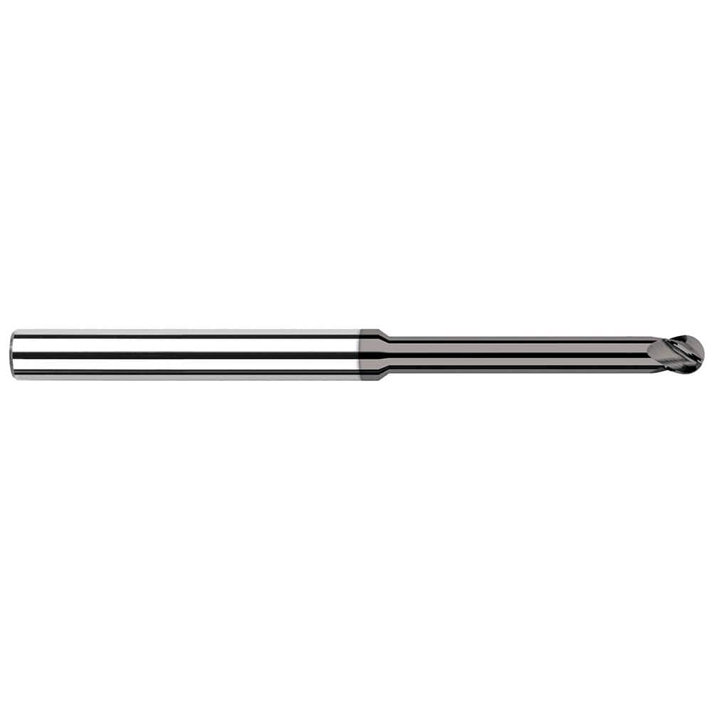Ball End Mill: 0.05″ Dia, 0.075″ LOC, 4 Flute, Solid Carbide 2-1/2″ OAL, 1/8″ Shank Dia, 30 ° Helix, CVD Coated, Single End
