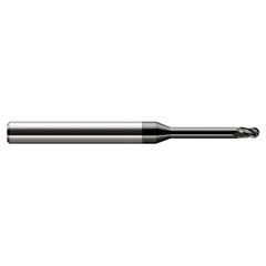 Ball End Mill: 0.03″ Dia, 0.045″ LOC, 3 Flute, Solid Carbide 2-1/2″ OAL, 1/8″ Shank Dia, 30 ° Helix, Amorphous Diamond Coated, Single End
