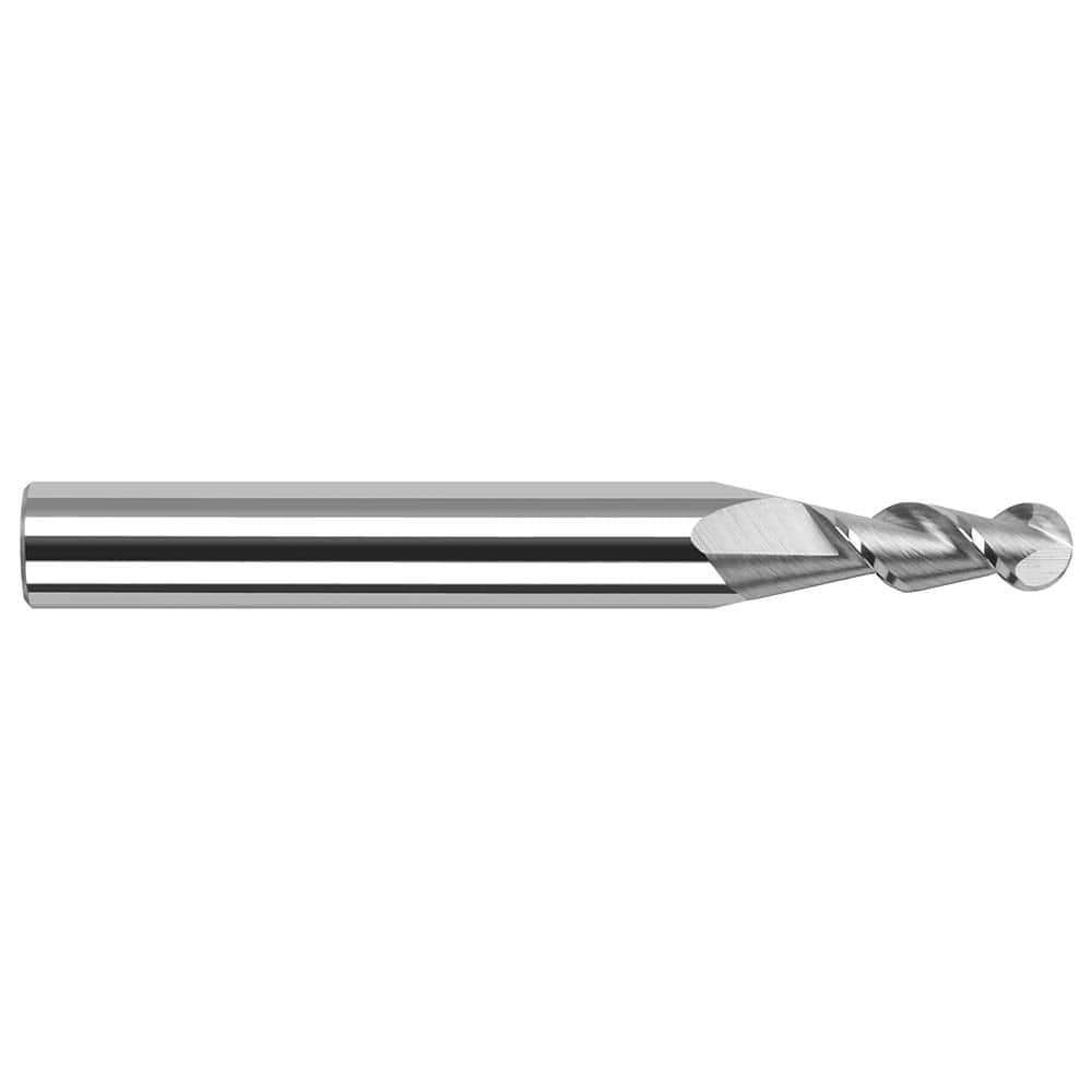 Ball End Mill: 0.118″ Dia, 0.354″ LOC, 2 Flute, Solid Carbide 1-1/2″ OAL, 1/8″ Shank Dia, 45 ° Helix, Uncoated, Single End
