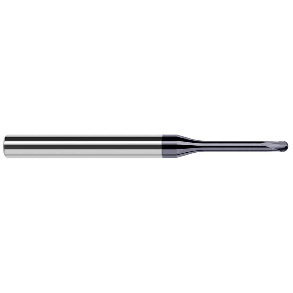 Ball End Mill: 0.062″ Dia, 0.05″ LOC, 2 Flute, Solid Carbide 2-1/2″ OAL, 1/4″ Shank Dia, 20 ° Helix, AlTiN Coated, Single End