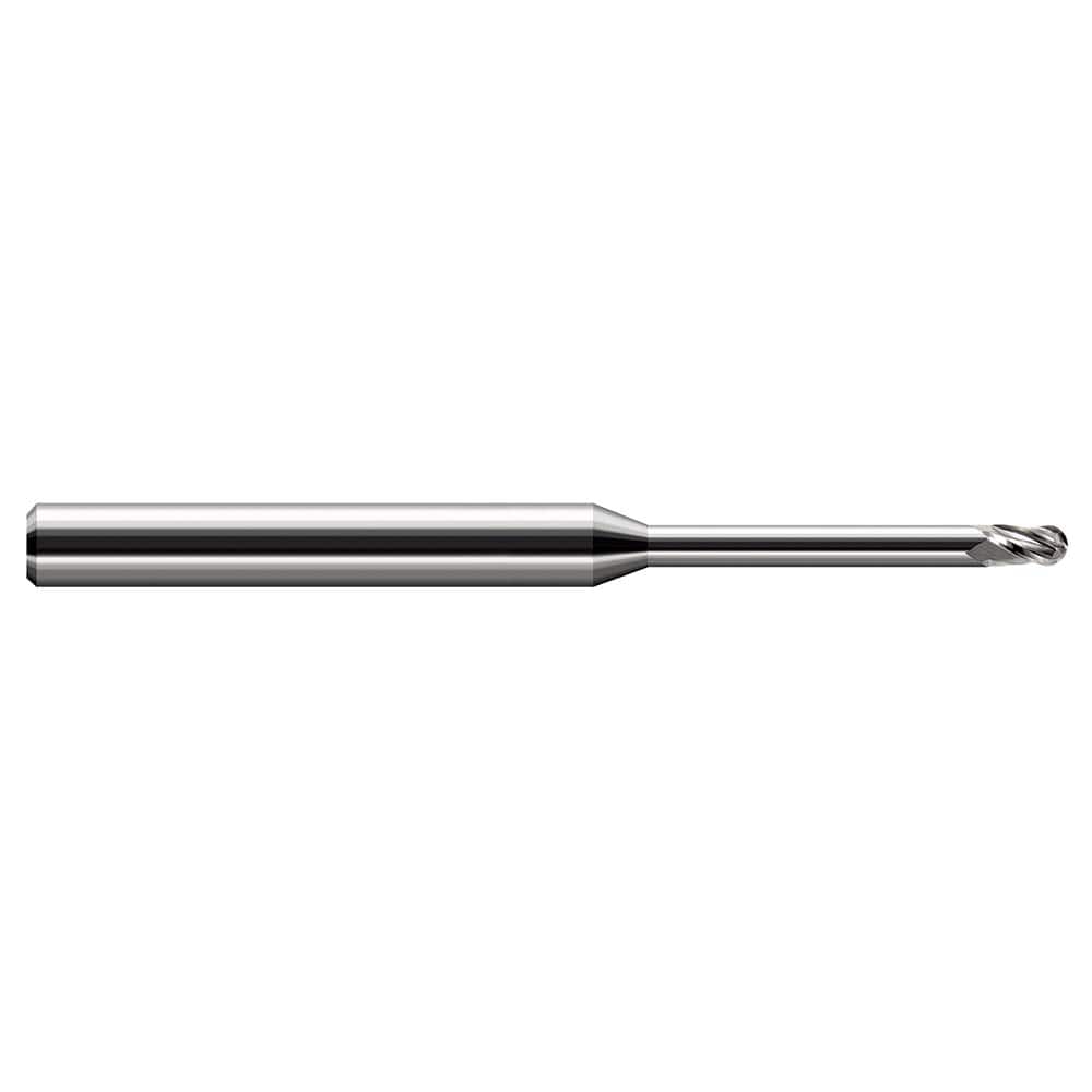 Ball End Mill: 0.05″ Dia, 0.075″ LOC, 3 Flute, Solid Carbide 2-1/2″ OAL, 1/8″ Shank Dia, 30 ° Helix, Uncoated, Single End