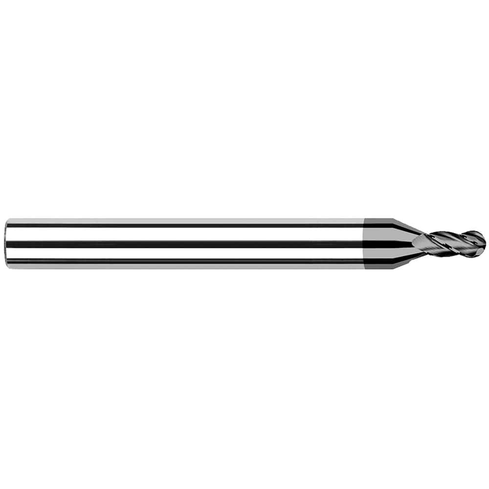 Ball End Mill: 0.047″ Dia, 0.071″ LOC, 4 Flute, Solid Carbide 1-1/2″ OAL, 1/8″ Shank Dia, 30 ° Helix, CVD Coated, Single End
