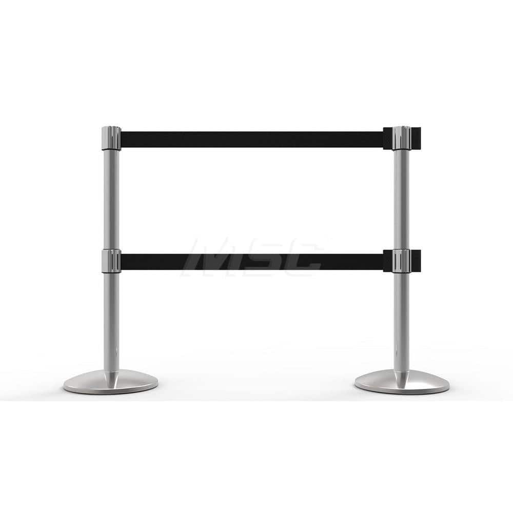 Free Standing Retractable Belt Barrier Post: 40″ High, 2.4″ Dia, Aluminum Post Cast Iron, Black & Silver