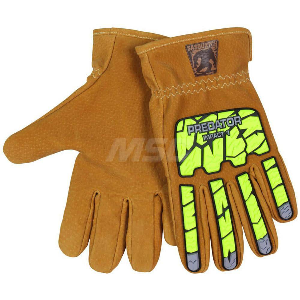 Cut, Puncture & Abrasive-Resistant Gloves: Size M, ANSI Cut A5, ANSI Puncture 4, Leather Tan & High-Visibility Lime, HPPE Lined, Thermoplastic Elastomer Back, Leather Grip, ANSI Abrasion 6