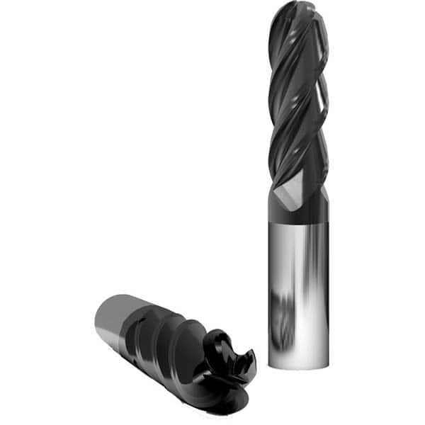 Ball End Mill: 0.5″ Dia, 1.75″ LOC, 4 Flute, Solid Carbide 4″ OAL, 1/2″ Shank Dia, Variable ° Helix, nACo Coated, Single End, Series 1032