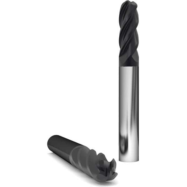 Ball End Mill: 0.375″ Dia, 0.5″ LOC, 4 Flute, Solid Carbide 2″ OAL, 3/8″ Shank Dia, 38 ° Helix, AlCr Coated, Single End, Series 2115